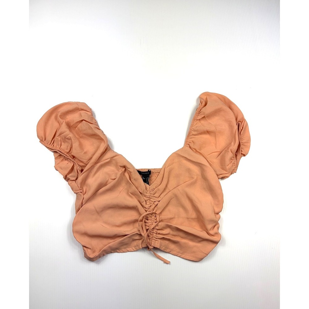 Forever 21 Blouse Small Peach Seashell Center Cinch Peasant Sleeve Cottagecore - Picture 2 of 11